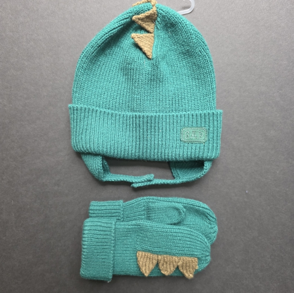 GAP Kids Teal and Gold Dinosaur Hat and Mittens